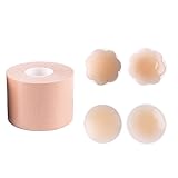 10 Stück selbstklebendes Brustband mit Brustwarzenabdeckungen – 95% Baumwolle Brustlift-Tape für rückenfreie Kleider & Sport-BHs – 5 cm x 5 m, bequeme und anpassbare Passform, Einmalgebrauch