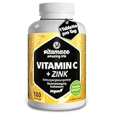 Vitamin C hochdosiert 1000 mg + Zink, vegan & optimal bioverfügbar, 180 Tabletten für 6 Monate, Natürliche Nahrungsergänzung ohne unnötige Zusatzstoffe, Made in Germany