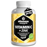 Vitamin C hochdosiert 1000 mg + Zink, vegan & optimal bioverfügbar, 180 Tabletten für 6 Monate, Natürliche Nahrungsergänzung ohne unnötige Zusatzstoffe, Made in Germany