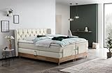 Belanoti EON Boxspringbett 180x200 elektrisch verstellbar 7-Zonen Taschenfederkern Matratze inkl Visco Topper Bett 180x200 mit Motor in der Farbe Beige H2/H3 Polsterbett Motorbett Massivholz Eiche
