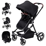 Kinderwagen 3 in 1 Kombikinderwagen Komplett-Set inkl. Babywanne, Buggy Sportsitz & Auto-Babyschale, Kinderwagenset bis 26 kg mit Liegeposition verstellbar, Große ausziehbare Verdeck, Schwarz