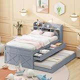 Luxeza Einzelbett Massivholzbett Kiefer 90x190 Multifunktionales mit ausziehbarer Schublade Lattenrost, Nachttisch mit Ablagen mit USB-Buchse Jugendbett Gästebett (Grau)