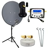 PremiumX Camping Satelliten-Komplettanlage 60cm Satellitenschüssel Single LNB Sat-Finder 10m Kabel F-Stecker Dreibein-Stativ