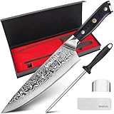 MOSFiATA Damastmesser 8 Zoll, Vatertagsgeschenk für Papa, Kochmesser Damast Küchenmesser Damaststahl Japanisches Messer Profi Fleischmesser, mit Fingerschutz Messerschärfer