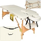 tectake® Massageliege klappbar mit 2 Zonen, Massagetisch tragbar mit 5cm Polsterung, höhenverstellbare, Mobile Massageliege, Massagebank mit Holzfüßen und Zubehör Tragetasche - beige