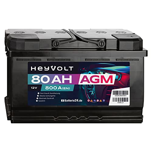 HeyVolt AGM Autobatterie 12V 80Ah 800A/EN Starterbatterie, Start-Stopp & Standheizung geeignet, absolut wartungsfrei