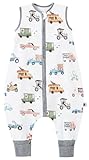 Chilsuessy Baby Sommerschlafsack mit Füßen 0.5 Tog Kleine Kinder Schlafsack mit Beinen Unwattiert 100% Baumwolle Schlafstrampler für Jungen und Mädchen, Bunte Autos, 90cm/Baby Höhe 100-110cm