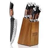 SHAN ZU Messerset 7 teilig, Japanisches Küchenmesser Set mit Block, 7 Schichten Hochwertigem Carbon Stahl Scharf Messerset für die Küche, Professionelles Kochmesserset mit Schärfer
