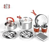Odoland 15pcs Edelstahl Camping Töpfe Pfannen Kettle Set mit Edelstahl Tassen für Camping, Backpacking, Outdoor-Kochen und Picknick