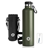 FEIJIAN Trinkflasche Edelstahl 1L mit Karabiner - auslaufsicher Thermosflasche für Kohlensäure Kaffee Tee, BPA-Frei Sport Outdoor Wasserflasche für Sprudel Uni, Schule, Camping, Fahhrad