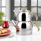 Uzman Türkische Teekanne Tea Pot Ideale Größe Silber Gold auch Induktion geeignet, Caydanlik Goldgriff 2,9 Liter Samowar Semaver Teekocher mit Glasdeckel & integriertem Sieb