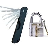 Schwarzes 7-teiliges faltbares Lockpicking-Set mit transparentem 2-in-1-Trainingsschloss, coole Gadgets für Männer und Anfänger, Pro Schlosser