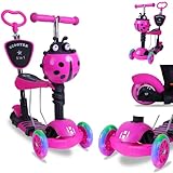 Habib Gruppe 5-in-1 Kinderroller mit Rückenlehne für Jungen und Mädchen - Abnehmbarer Sitz, LED-Räder, Höheverstellbarer Lenker, Tretroller - Kinder Roller Outdoor Spiel, für 2-8 Jahre Kinder - Rosa