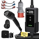 dé Mobile Wallbox/Ladestation 22kW Mit App [3-phasig|7m|6-32A] mit Traveller Adapter Set, Ladekabel CEE 32A auf Typ 2 und EV Ladegerät für Model Y/3, und andere EV/PHEV