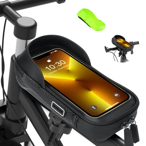 Handyhalterung Fahrrad Wasserdicht Fahrradtasche Rahmen Vorbau Tasche Rahmentasche Handy Halterung Oberrohrtasche Outdoor Handyhalter Handytasche mit Regenhaube für unter 7 Zoll Smartphone GPS