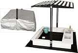 WONDERMAKE® Design Sandkasten mit Matschküche, Dach, Abdeckung Oxford 420D, Vliesfolie, Sandkiste Holz quadratisch verschließbar Outdoor Garten für Kinder, schwarz weiß