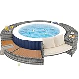 Rattan Whirlpool Umrandung Rund mit Stauraum Holztreppe，Poolumrandung Rund Schwarz, ID 203 cm, AD 283 cm