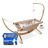 CHILDOO Baby Hängematte [QuickFix-Schlaufe] Babywiege Babybett Federwiege mit Gestell Babyschaukel Babywippe für Kinderzimmer, Esszimmer, Wohnzimmer | Beige