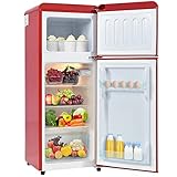 Merax Retro-Kühlschrank: Zweitürige Kühl-Gefrier-Kombination mit 92 Litern Gesamtvolumen, Glasregalen, LED-Licht und energiesparendem Verbrauch von 181 kWh/Jahr Rot