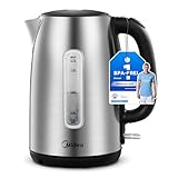 Midea Wasserkocher Edelstahl 1.7L, BPA-freier Wasserkocher, 2200W Schnellkochfunktion, Kettle mit Wasserstandsanzeige, LED-Leuchtanzeige, 360°-Basis, Trockenlaufschutz, MKE17M1ADS