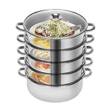 5 Lagiger Dampfgare, Multifunktionale Edelstahl Dampfkocher Kochtopf Set, mit Glasabdeckung 26cm Edelstahldampfer, silbrig dampfgarer topffür alle Herdarten wie Induktion, Elektrokeramik