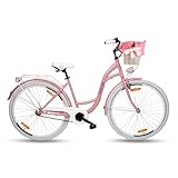 Goetze Style 28 Zoll Damen Citybike, Tiefeinsteiger, 1-Gang Rücktrittbremse, LED-Beleuchtung, Gepäckträger, Komfortsattel, Schutzbleche, Rattankorb mit Stoffeinsatz, Hollandrad für Stadt & Einkauf!