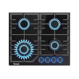 TOPWISH Gaskochfeld 4 flammig, Einbau Gaskochfeld 60cm, Gaskochfelder mit blaue beleuchteter Drehknopf, ghärtetes Glas-Gaskochfeld, NG/LPG Konvertierbar, Automatischer Thermoelementschutz, 8000 Watt