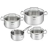 Tefal Duetto + 3 Töpfe 16/20/24 cm, 1 Stielkasserolle 16 cm aus Edelstahl, 3 Glasdeckel, Messmarkierungen, Ausgießrand, kompatibel mit allen Herdarten, backofenfest und spülmaschinenfest