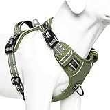 HEELE Hundegeschirr für Hunde, Freigabe am Hals, Vorderseite Rückseite Clips, Einstellbar Reflektierend Anti Zug Hundegeschirr mit Gepolstert Grifff, Grün, L