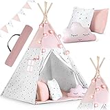 NUKIDO Kindertipi im Montessori-Stil Baumwolle und Holzrahmen mit Isoliermatte 3 Kissen Girlande Luftig Rosa