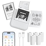 OFFCUP Mini Drucker Mini Fotodrucker mit 5 Papierrollen Tragbarer Mini Printer Thermodrucker Taschendrucker Smartphone Bluetooth Drucker für iOS und Android für Studiennotizen Fotos Etiketten, Weiß