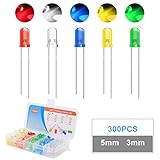 REAQUE 300 Stück LED Leuchtdioden 3mm/5mm LED Dioden Sortiment Kit Rundkopf 2 Pin Diffuse LED Leuchtdioden Elektronikkomponenten mit 5 Farben