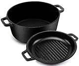 KICHLY 2 in 1 Gusseisen Topf Mit Doppelter Zweck Grillpfannendeckel - Vorgewürzter Gusseiserner Dutch Oven – Brot Backen, Kochen, Braten, Schmoren & Grillen – Im Innen- Und Außenbereich