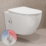 Dusch WC mit Integrierter Düse, Hänge WC Spülrandlos, WC mit Bidet Funktion, Taharet WC mit Nanobeschichtung, WC Dusche mit Armatur, WC Sitz mit Absenkautomatik, Kalt-Warm Wasser, 53,5×36×37,5 cm