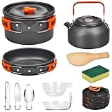 Onherm 13 Teilige Camping Kochgeschirr Set, Faltbare Outdoor Geschirr Set mit Camping Topf, Camping Bratpfanne und Teekannen für Wandern Outdoor Kochen Picnick 1-4 Person
