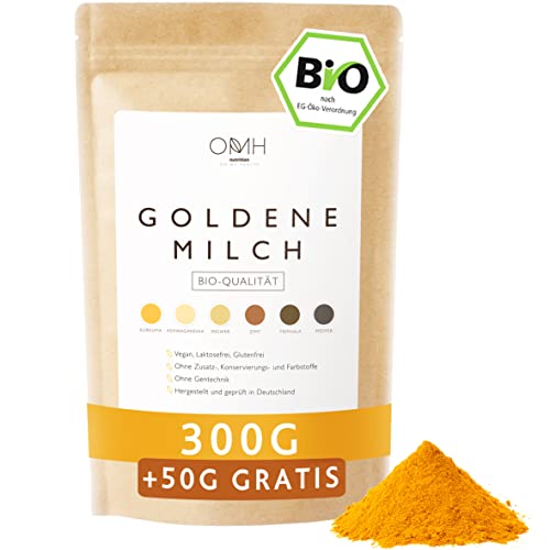 Bio Goldene Milch 300g + 50g gratis I Kurkuma Ashwagandha Ingwer Triphala Ceylon Zimt Pfeffer Pulver Golden Milk Ayurveda Fertigmischung