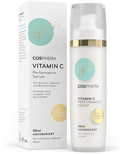Cosphera - Vitamin C Performance Serum hochdosiert 50 ml - Vitamin C Konzentrat Gel mit Hyaluronsäure für Gesicht, Hals und Augen - Vegane Anti-Falten Feuchtigkeitsbehandlung für Frauen und Männer