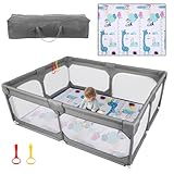 JINXIA Laufstall Baby 190x150cm,Laufgitter Baby für Babys mit weichem, atmungsaktivem Netzgewebe, zusammenklappbarer, klettersicherer und sturzsicherer,Große Sicherheitsspielplatz,Grau