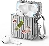 VISOOM Kompatibel mit AirPods Hülle AirPods Case Cute Apple Airpods 2 & 1, Voller Schutz Weiches TPU Suitcase Schutzhülle mit karabiner[Front-LED Sichtbar] (Silber) N