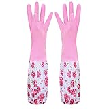 48cm Wasserfester Latex, Wasserdichte Latexhülle plus Samt Geschirrspülmaschine lange Handschuhe, Geschirrspülfutter, Haushaltshandschuhe, Küche, Esszimmer und Bar (Pink, One Size)