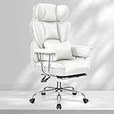 BESTFAIR Büro-Schreibtischstuhl, großer und hoher Chefsessel mit Fußstütze, Leder-Computerstuhl, ergonomischer Liegestuhl, hohe Rückenlehne mit Lendenwirbelstütze, großer Heimbürostuhl (weiß)