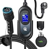 Evjuicion Ladekabel Elektroauto Typ 2 Schuko15 Meter,[8-16A |3,68kW],ladekabel typ 2 schuko mit Ständer,2,4-Zoll-LED-Bildschirm mit Zeitverzögerung,Typ 2 Ladekabel Schuko für EVs & PHEVs