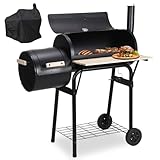 Jiubiaz BBQ Smoker mit Grillabdeckung, Tauch-Holzkohlegrill | Räuchern und Grillen in einem | Mit Thermometer, verstellbarem Abzug und Abluftkamin | Mit Holzablagen und Regalen