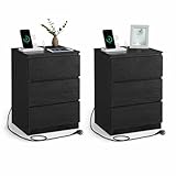 VASAGLE Nachttisch, 2er Set, Beistelltisch, 3 Schubladen, abgeschrägte Kante, 2 AC-Steckdosen, 2 USB-Anschlüsse, Wohnzimmer, Schlafzimmer, Arbeitszimmer, modern, ebenholzschwarz LET831B56
