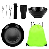 Jeinbuil Camping Besteck Set Camping Geschirr Set wiederverwendbarer Leichter Becher, Schalen, Teller und Edelstahlbesteck mit Tasche für Camping, Wandern und Picknicks spülmaschinenfest