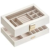 SONGMICS Schmuckkästchen 2 Ebenen, Schmucktablett stapelbar, Schmuckkasten groß, Schmuckbox mit Glasdeckel, 17 x 28 x 8,8 cm, Schmuckeinsatz für Schubladen, Geschenkidee, weiß JBC192W01