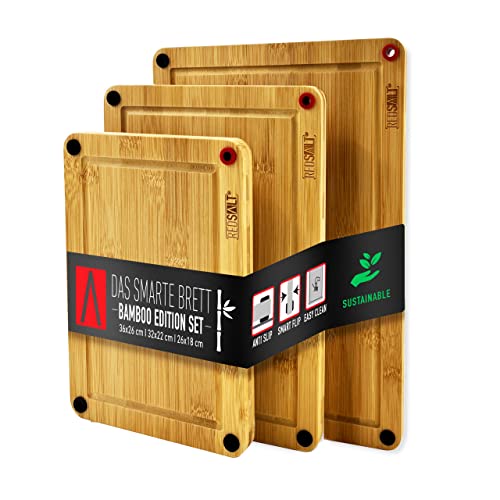 REDSALT® innovatives Bambus Schneidebrett 3er Set rutschfest | FSC zertifizierte Premium Holz-Bretter | 38x26 32x22 26x18cm beidseitig verwendbar antibakteriell mit Saftrille | Küchenbrett Kochen