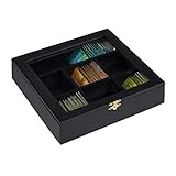 Relaxdays Teebox Holz, 7 Fächer, 100 Teebeutel, Teekiste mit Sichtfenster, Aromaschutz, HxBxT 6 x 25 x 25,5 cm, schwarz 10027981_46