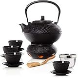 Bonvivre Teeservice 12-teilig aus emailliertem Gusseisen - für 4 Personen - Teeset im asiatischen Stil mit Teekanne (1,4 L), Teewärmer, Tassen, Untersetzer, Dosierlöffel, Siebeinsatz