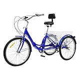 Faltbar Dreirad für Erwachsene, 24 Zoll 7 Gang Lastenfahrrad, 3 Räder Fahrrad Erwachsene mit Einkaufskorb, City Einkauffahrrad Cargo-Bike für Erwachsene Senioren und Frauen Höhenverstellbar Blau